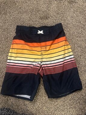 Striped Boys' Swim Trunks in Navy, Orange & Yellow